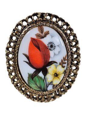 Vintage White Milk Glass Cameo Flower Bouquet Multi Color Brooch / necklace